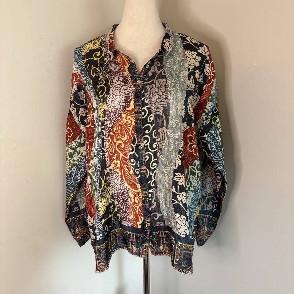 Johnny Was Yokohama Jordan Silk Blouse Button Down Patchwork Boho Top Small S